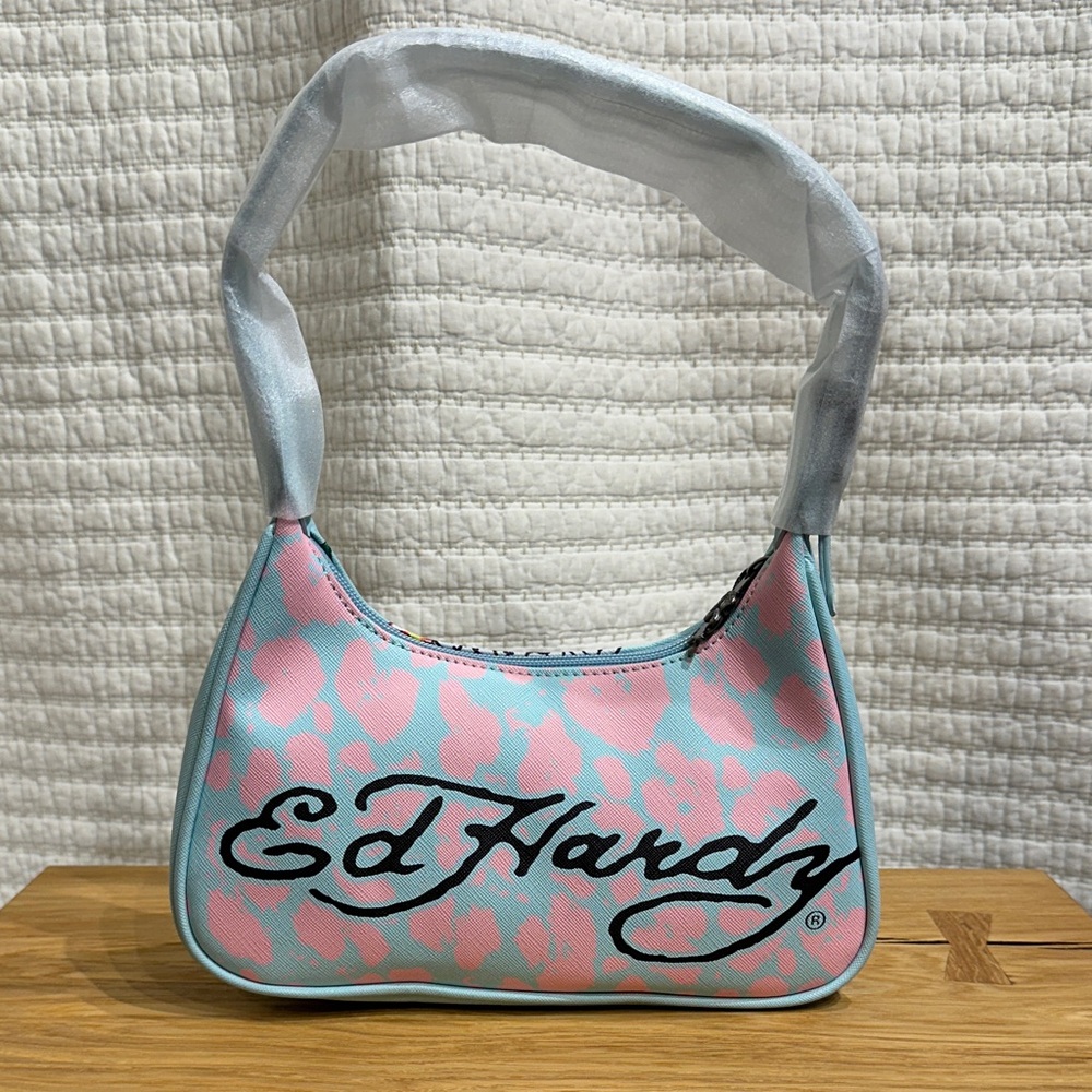 Ed Hardy Siberia Hills Love Kills Slowly Skull Animal Print Pink Blue Bag NWOT